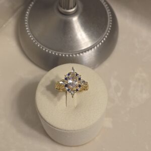 Gold-Tone Crystal and Blue Accent Halo Ring